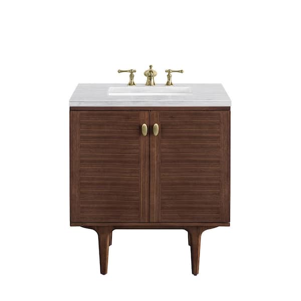 James Martin Vanities Amberly 30.0 in. W x 23.5 in. D x 34.7 in. H Bathroom Vanity in Mid-Century Walnut with Arctic Fall Solid Surface Top
