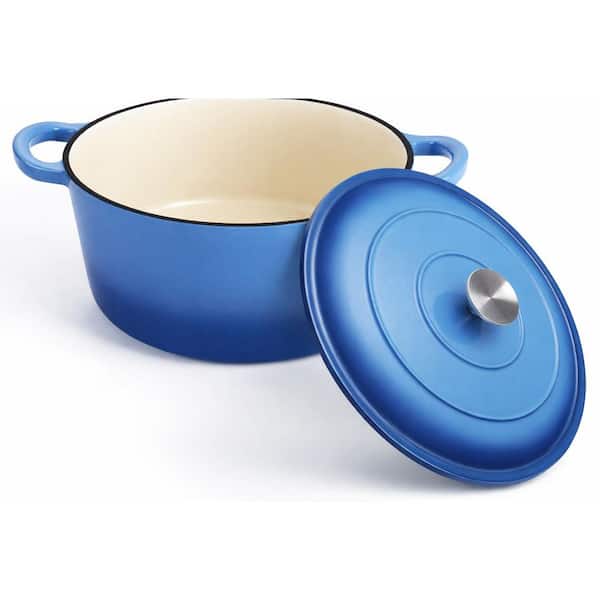 7-Quart Blue Enameled Cast Iron Dutch Oven Pot with Lid Cream Interior for Roasting Braising Stewing Baking Set
