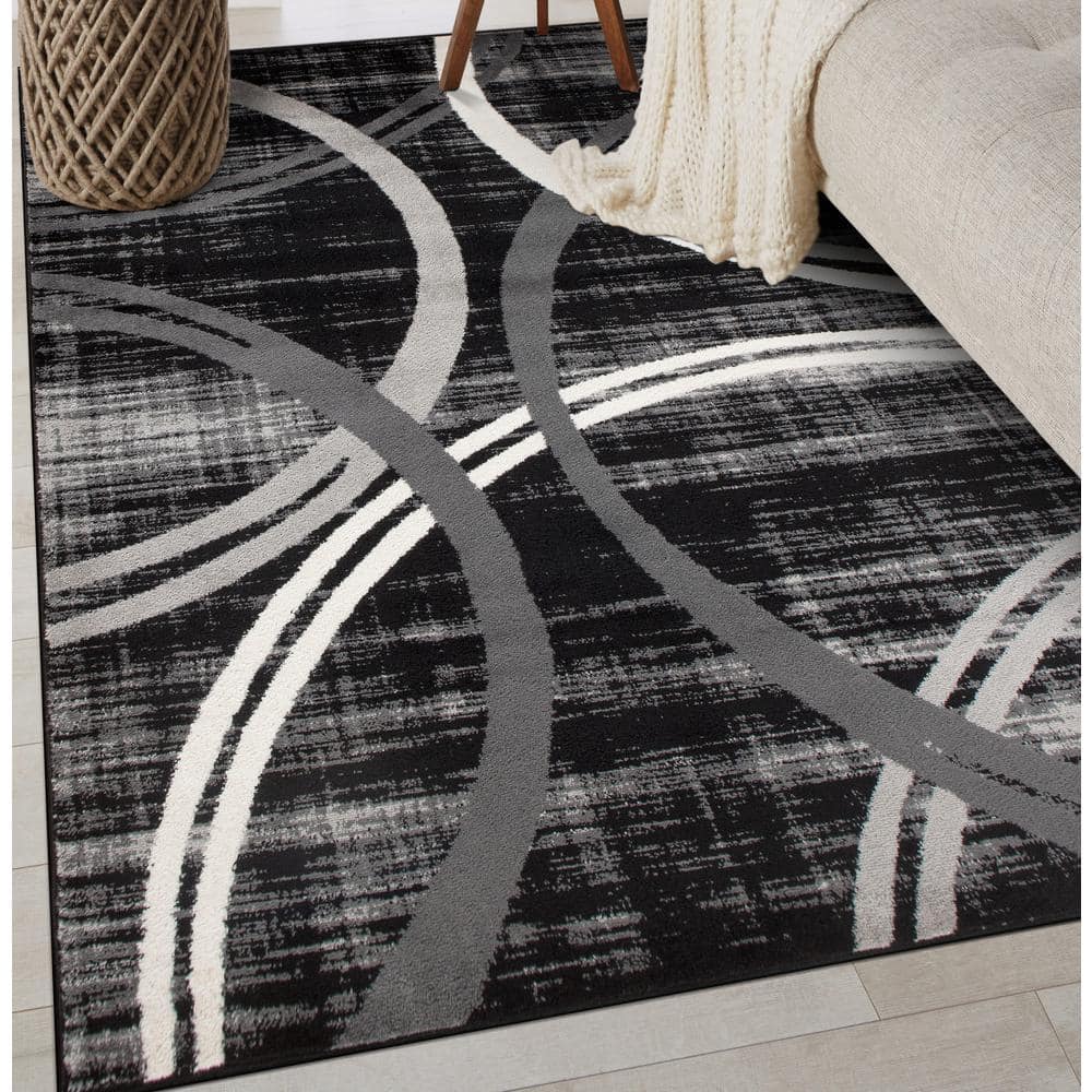 Contemporary Black Abstract 65'' Easy-Care Synthetic Area Rug