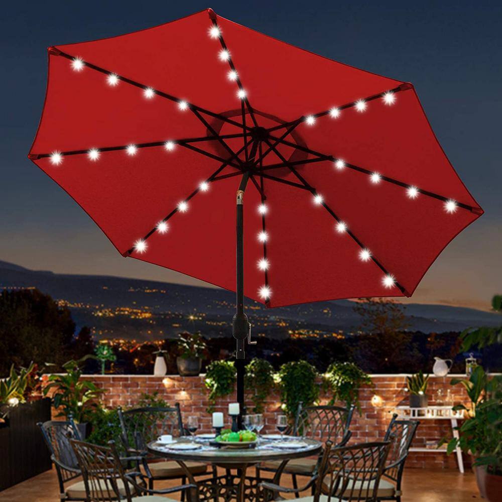 Red 9 ft LED Lighted Patio Umbrella with Stainless Steel Pole