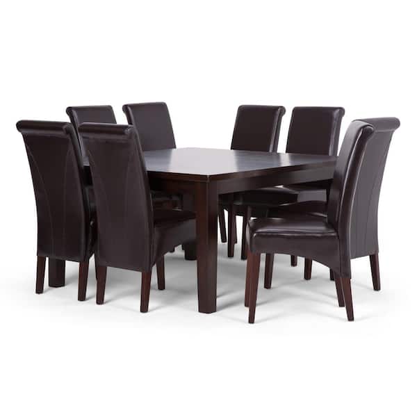 Simpli Home Avalon Transitional 9-Piece Dining Set w/6 Upholstered Dining Chairs in Tanners Brown Faux Leather and 54in. Wide Table