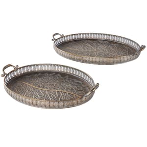 Metal Ornate Oval Scroll Decorative Tray with Tree Patterned Interior in Brass (Set of 2)