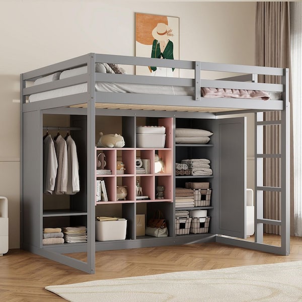 Space-Saving Gray and Pink Full Size Wood Loft Bed with Open Wardrobe, Shelves, Cabinet and Ladder