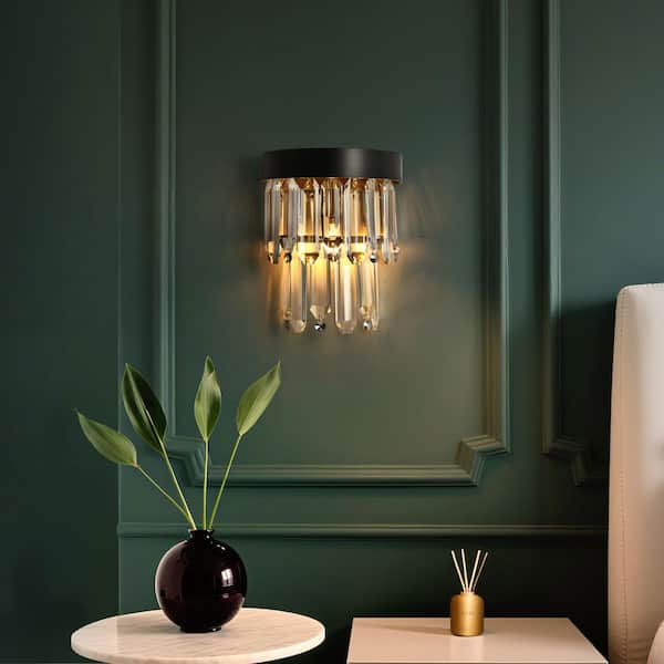 Phesonlaxy 1-Light Crystal Wall Sconce Black and Plating Brass Wall Light for Living Room, Bedroom