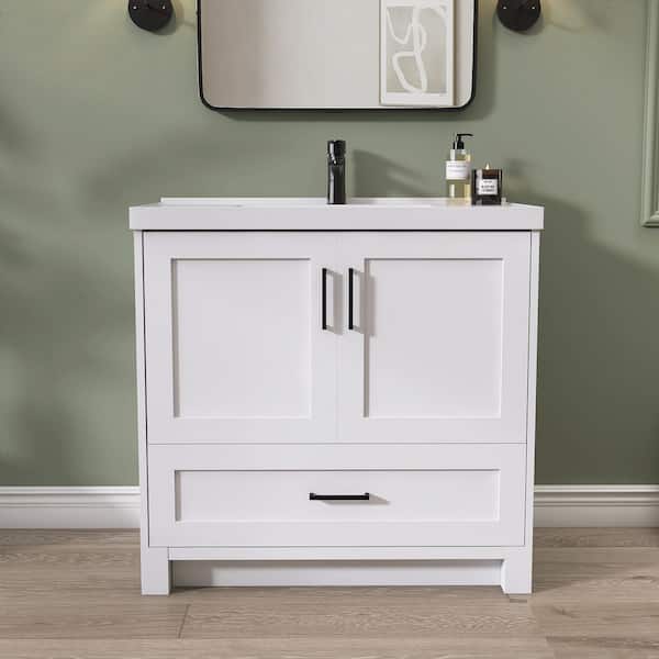 Solid Wood Bathroom Vanity Cabinet and 36 in. W x 22.5 in. D x 35.5 in. H with Basin Solid Surface Top in White
