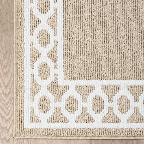 Machine Washable Non-Skid Beige /White  2.2 ft. x 8 ft. All Loop Tufted Area Rug