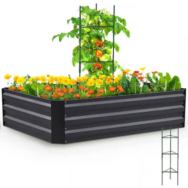 Wildaven 6 ft. x 3 ft. x 2 ft. Galvanized Metal Raised Garden Bed Extra Height Outdoor Planter Box with Tomato Cage, Dark Gray