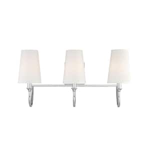 Cameron 24 in. W x 12 in. H 3-Light Polished Nickel Bathroom Vanity Light with White Fabric Shades