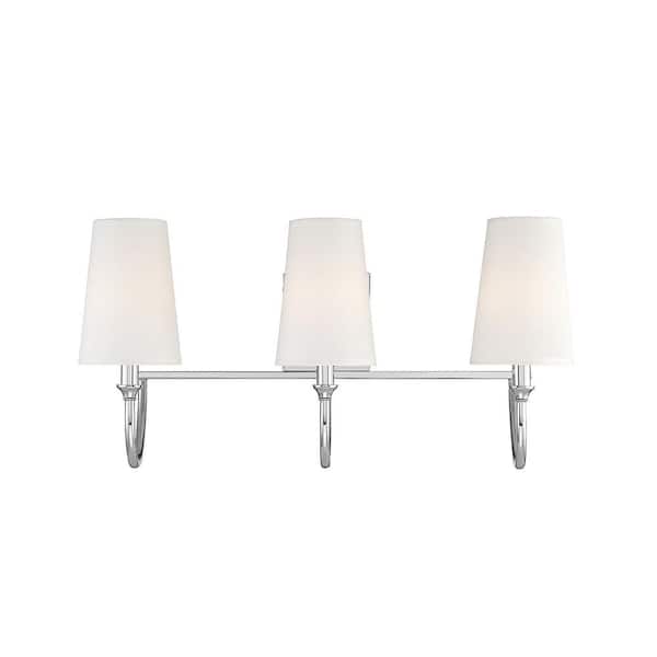 Savoy House Cameron 24 in. W x 12 in. H 3-Light Polished Nickel Bathroom Vanity Light with White Fabric Shades