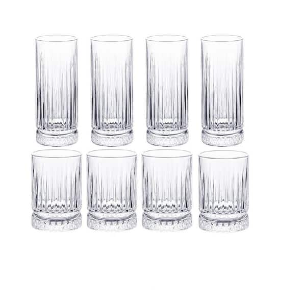 Wudkey Set of 8 Durable Glass Cups, 4 Highball Glasses 15 oz. & 4 Rocks Glasses 12oz. Glassware Set for Cocktail, Beer, Whiskey