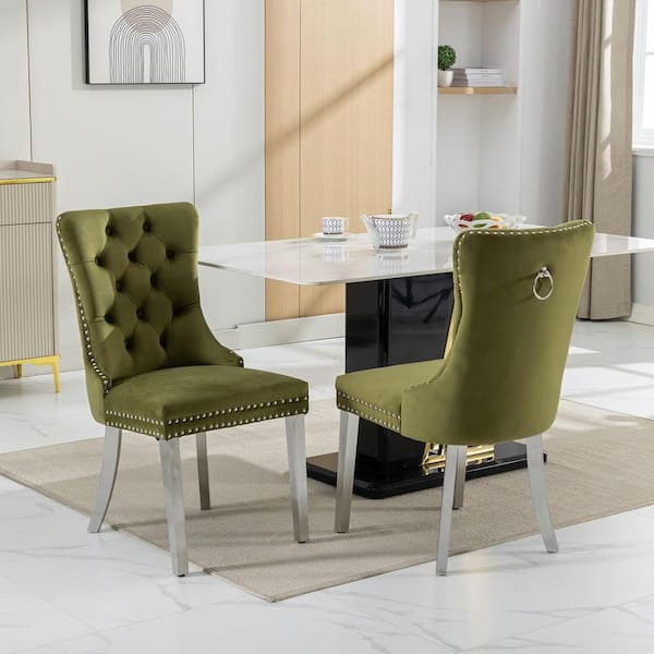 WONDER COMFORT Sumptuous Olive Green Velvet Dining Chairs Set of 2, Tufted Upholstered Dining Chair with Nailhead Trim, Metal Legs