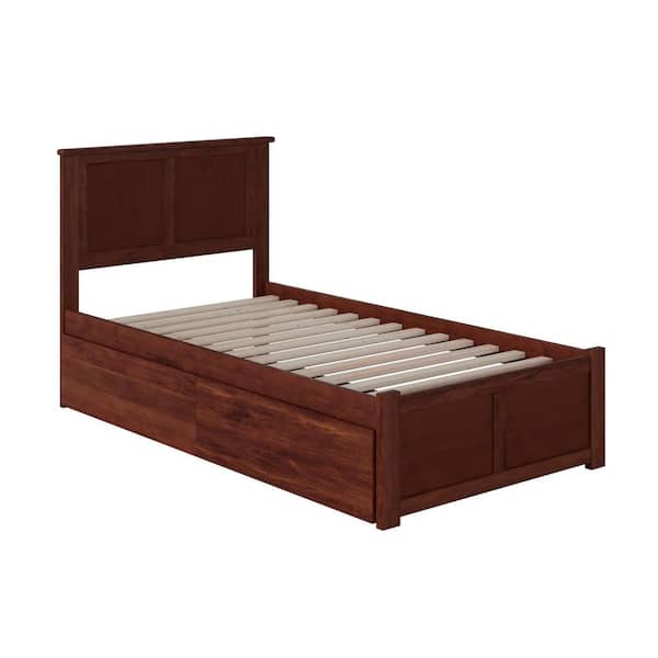 Madison Walnut Twin XL Solid Wood Storage Platform Bed with Flat Panel Foot Board and 2 Bed Drawers
