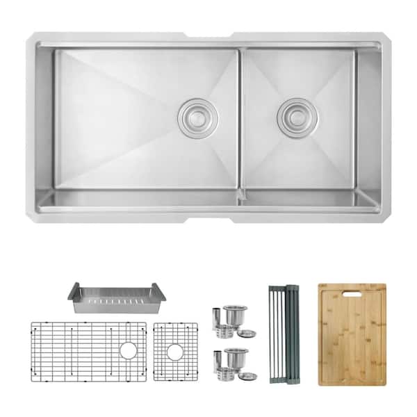 Undermount 36 inch Stainless Steel Double Bowl Workstation Kitchen Sink with Accessories