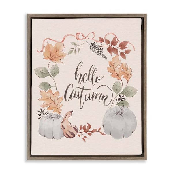Stupell Industries Hello Autumn with Garland by Andrea Jasid Grassi Brown Floater Frame Animal Graphic Art Print 21 in. x 17 in.