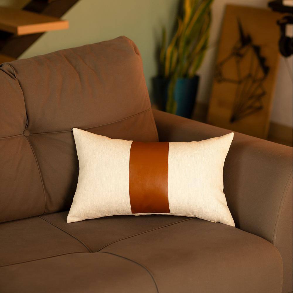 Set of 2 Brown and Beige Faux Leather Rectangular Throw Pillows