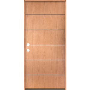 TETON Modern 36 in. x 80 in. Right-Hand/Inswing 6-Grid Solid Panel Teak Stain Fiberglass Prehung Front Door