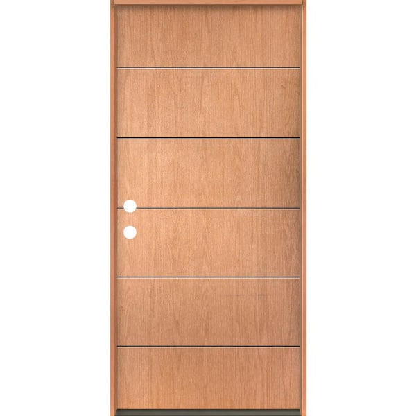 Krosswood Doors TETON Modern 36 in. x 80 in. Right-Hand/Inswing 6-Grid Solid Panel Teak Stain Fiberglass Prehung Front Door