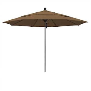 11 ft. Black Aluminum Commercial Market Patio Umbrella with Fiberglass Ribs and Pulley Lift in Woven Sesame Olefin