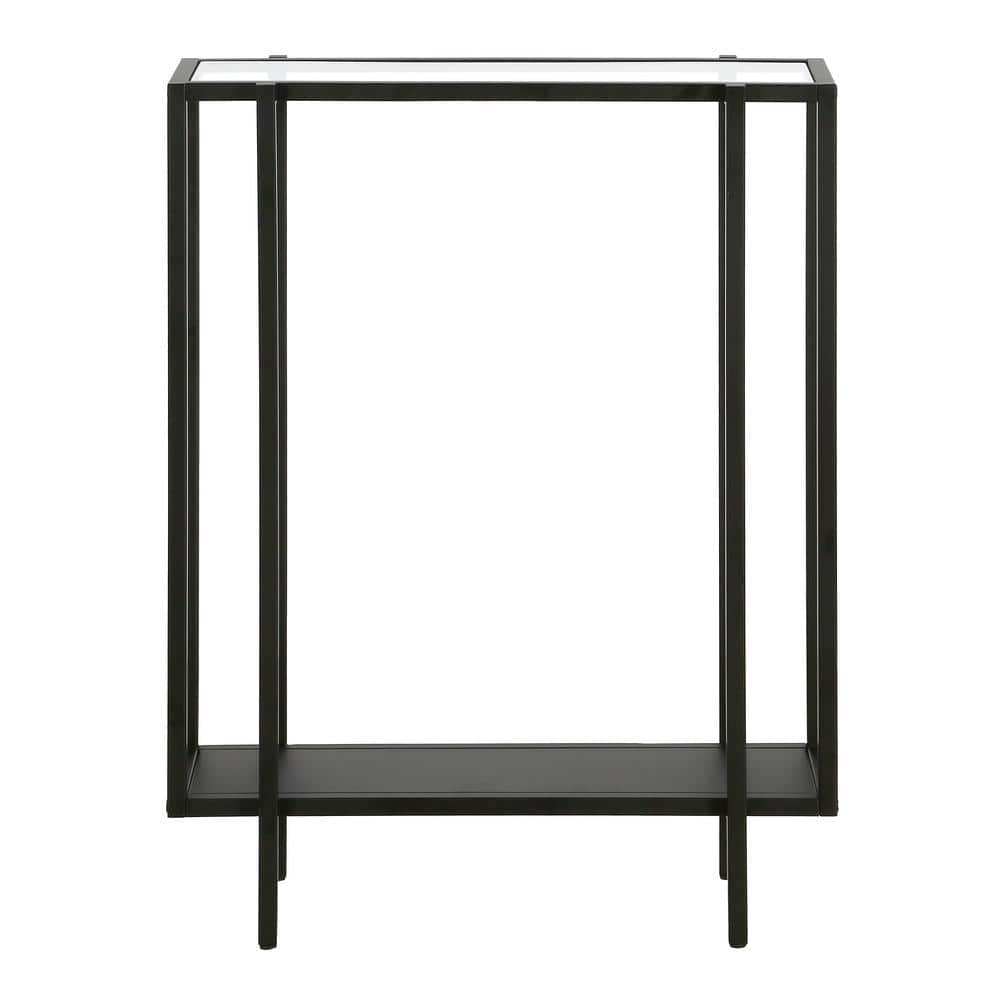 Compact Mid-Century Blackened Bronze and Oak Console Table with Glass Top