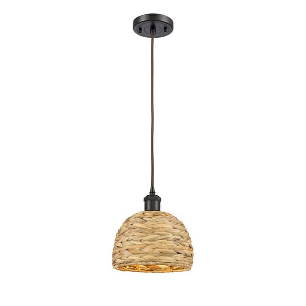 Woven Rattan 100-Watt 1-Light Oiled Brass Shaded Mini Pendant Light with Rattan Shade