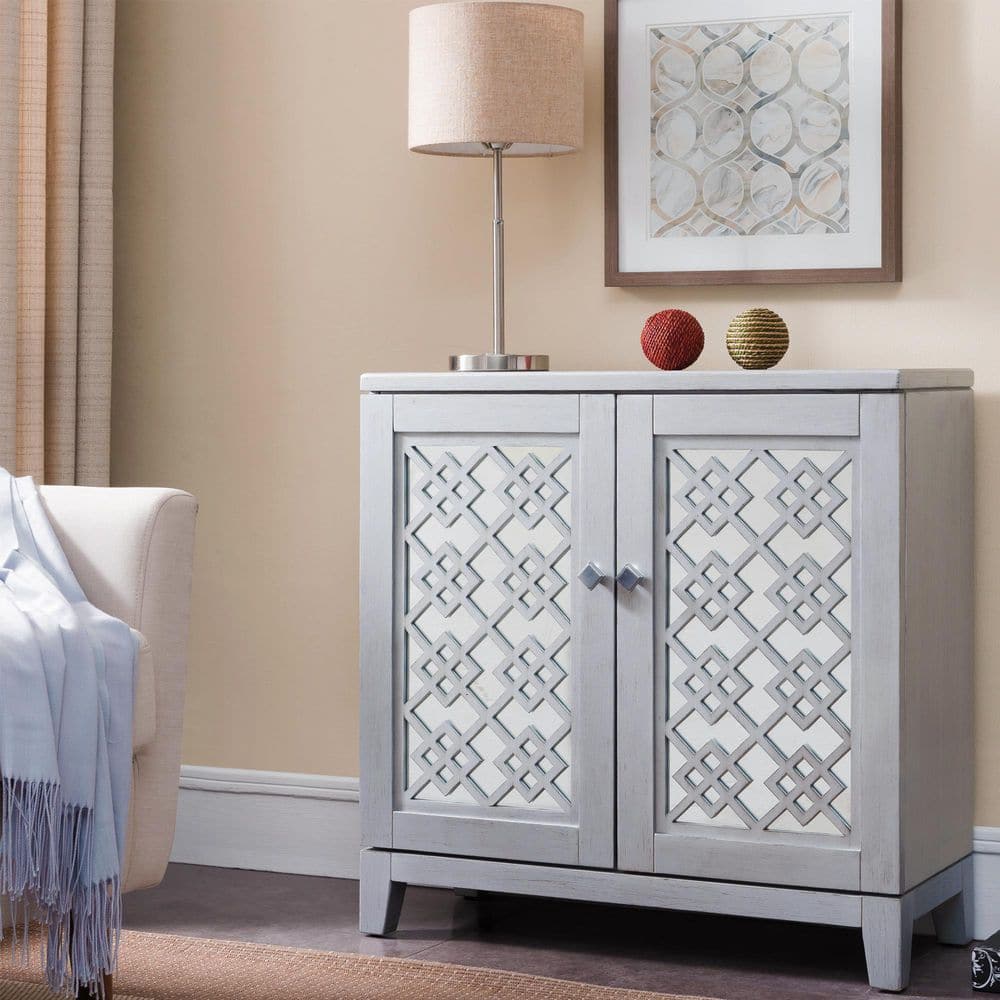 Silver Leaf Mirrored Diamond Filigree Entryway Cabinet
