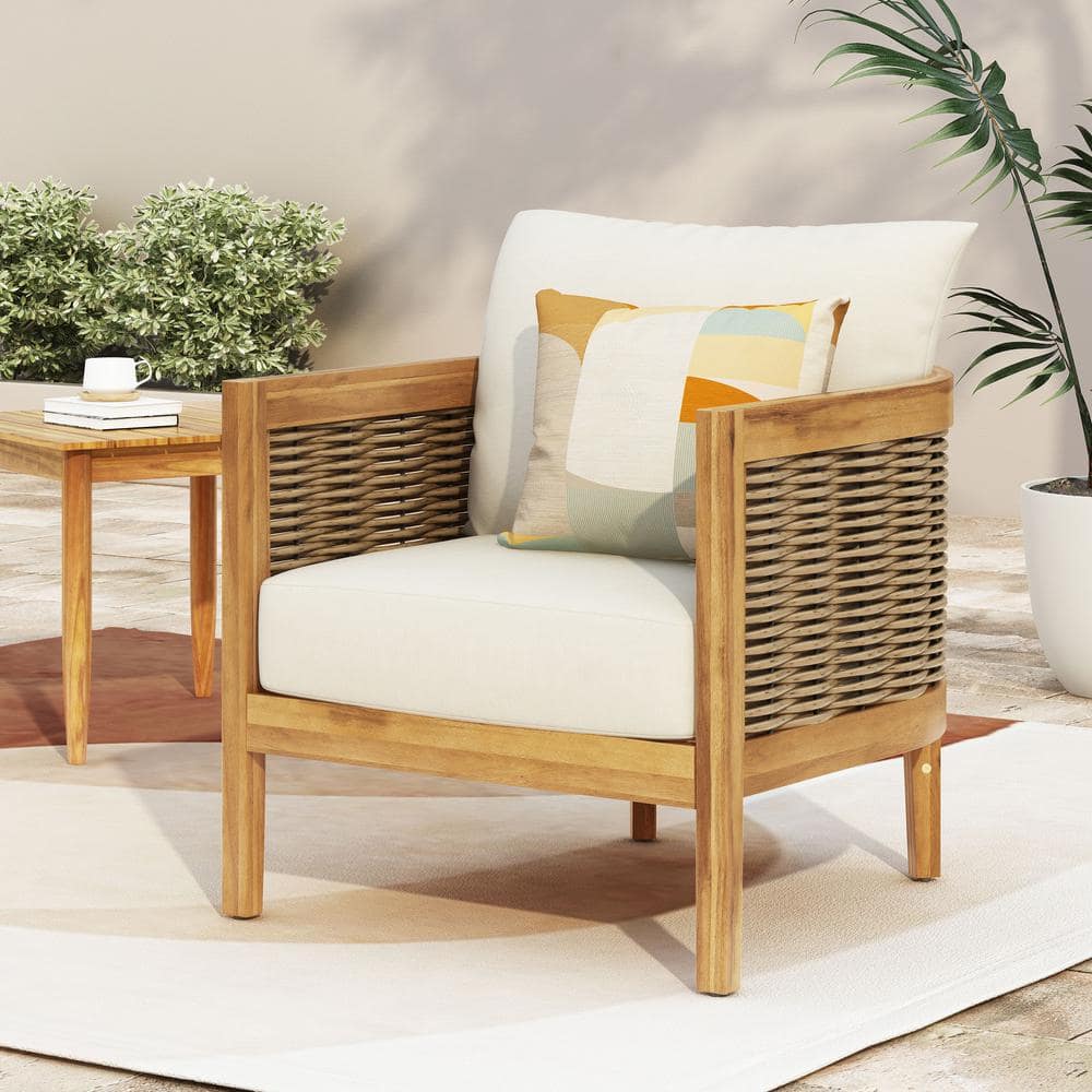 Moulton Teak Finish Solid Wood and Brown Wicker Outdoor Patio Lounge Chair with Beige Cushions price history on PriceWatchPro