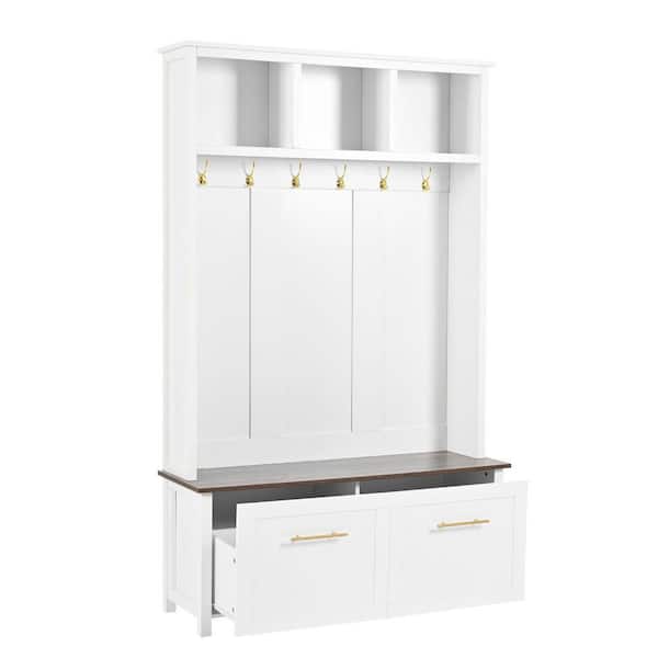 〆1/31 WHITE_WOOD_BENCH #1 76.6 in. 4-in-1 White Wood Hall Tree w/ Bench, Entryway Coat Rack