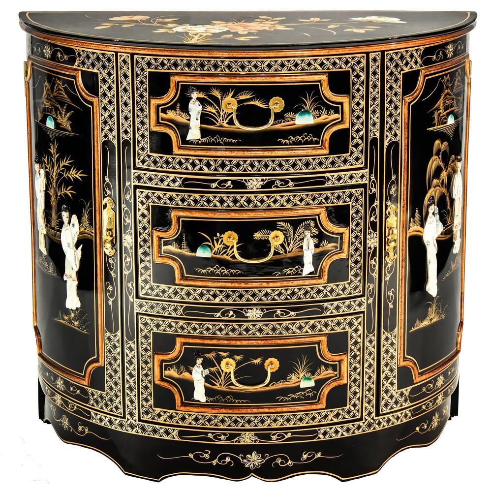 Black Lacquer Half-Moon Cabinet with Mother-of-Pearl Design