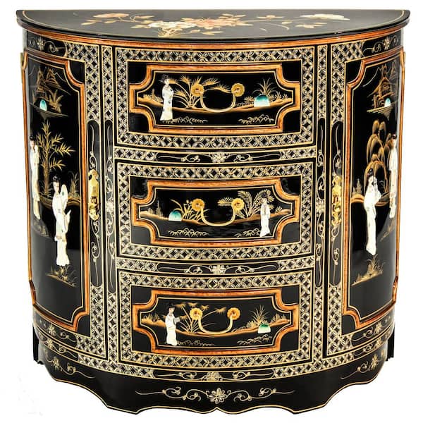 Black Lacquer Royal Ladies Half-Moon Accent Cabinet