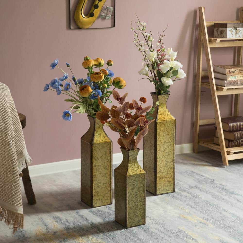 Medium Gold Textured Metal Bottle Shape Floor Vase