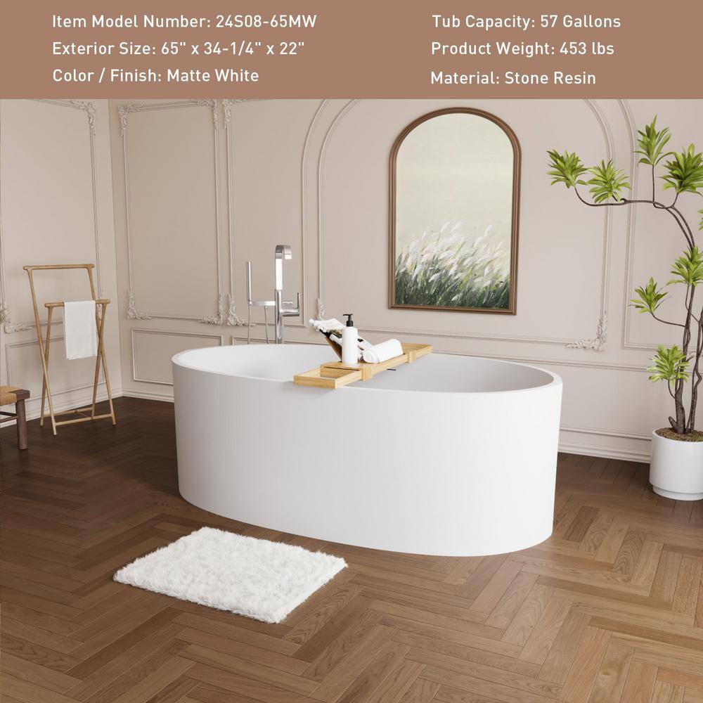 65'' Matte White Solid Surface Freestanding Soaking Bathtub