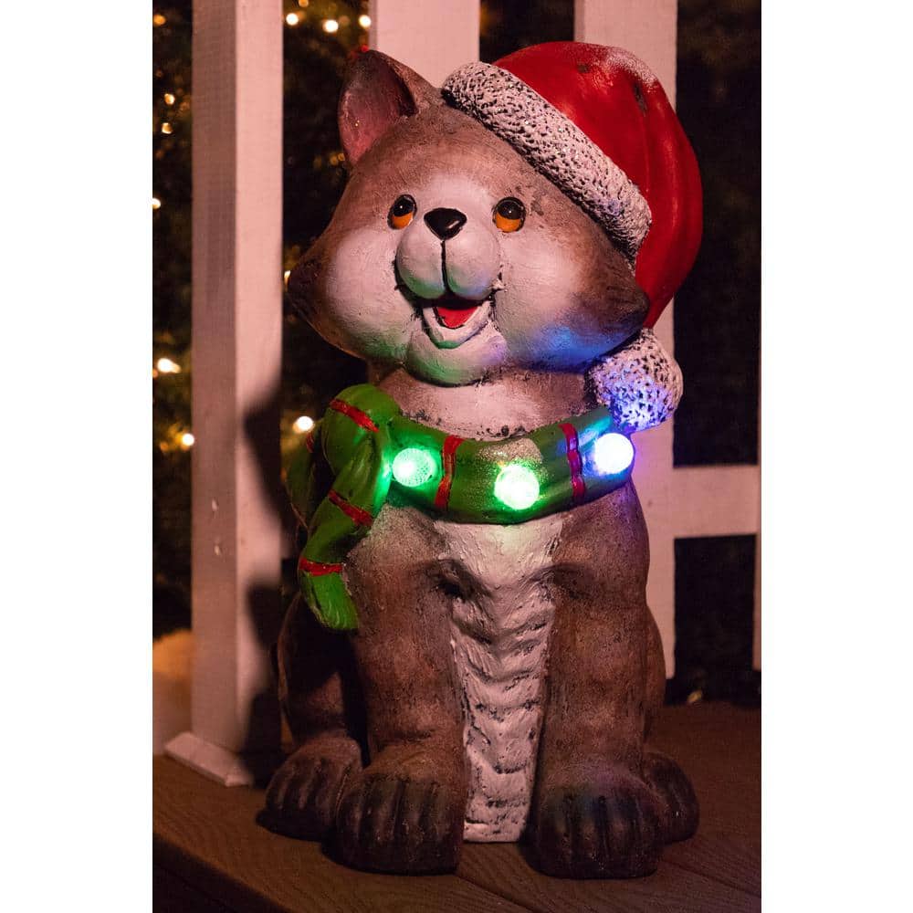 21 in. Cat wearing Santa Hat and Green Scarf Decor with 3 LED Lights and Ti
