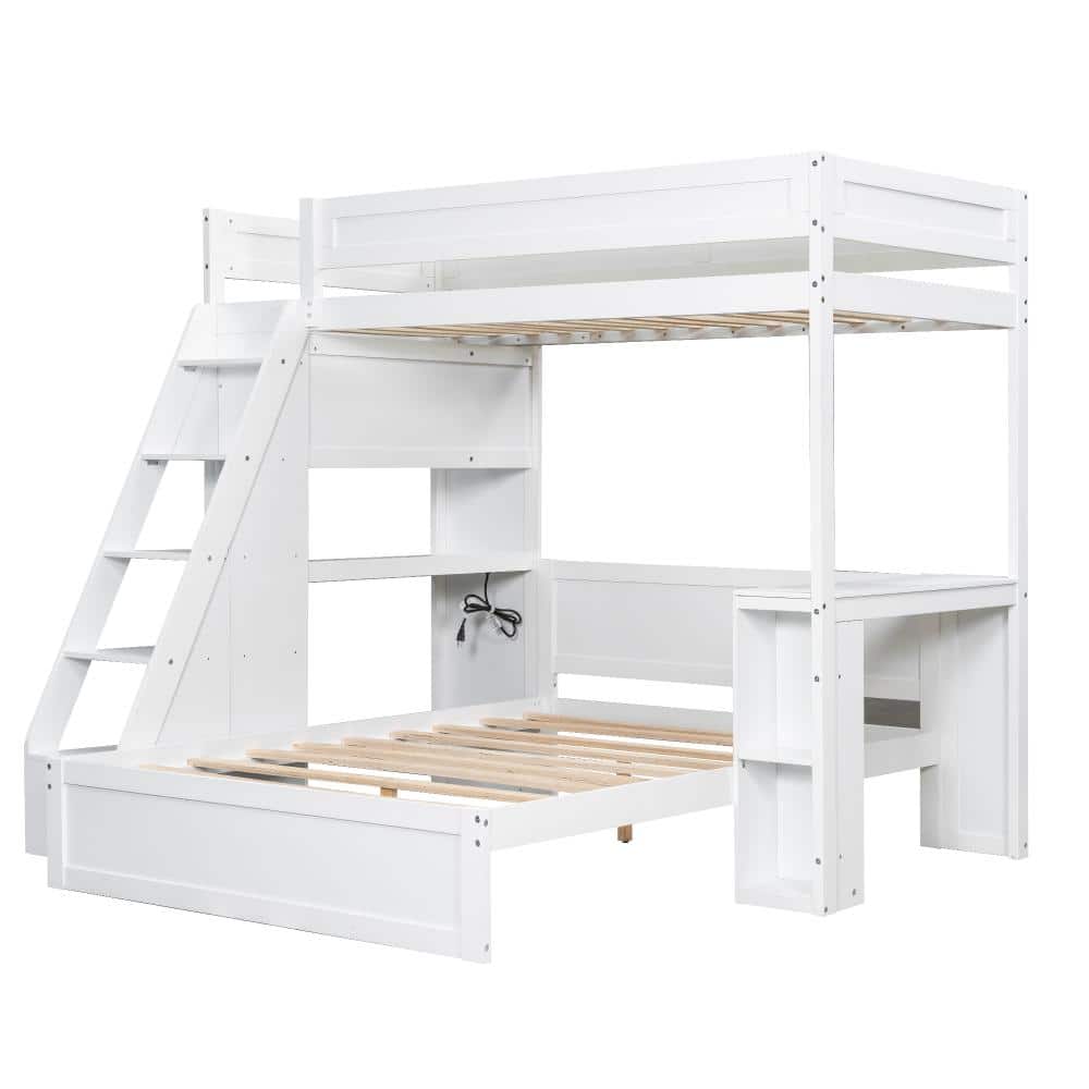 Nestfair White Twin XL over Full Wood Bunk Bed with Desk and USB ...