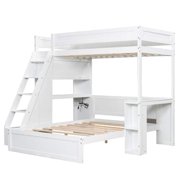 Nestfair White Twin XL over Full Wood Bunk Bed with Desk and USB ...