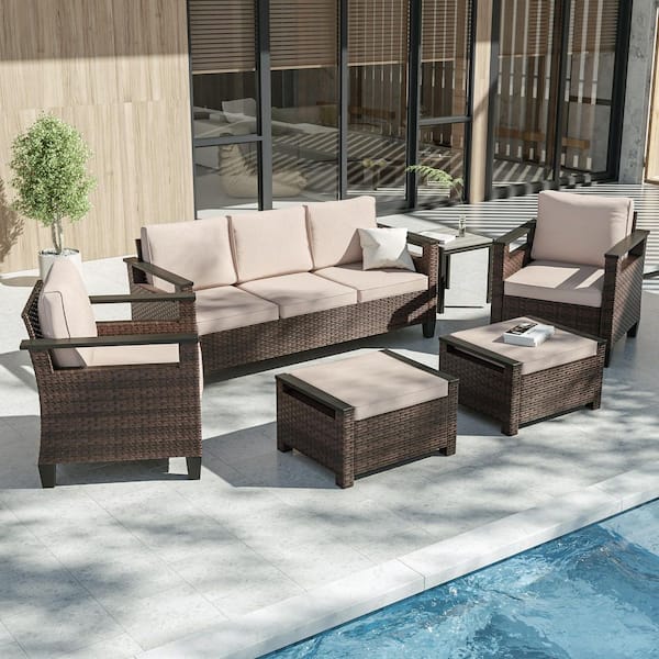 6-Pieces Patio Conversation Set with Side Table Wide Armrests Sofa Brown PE Wicker with Sand Cushions