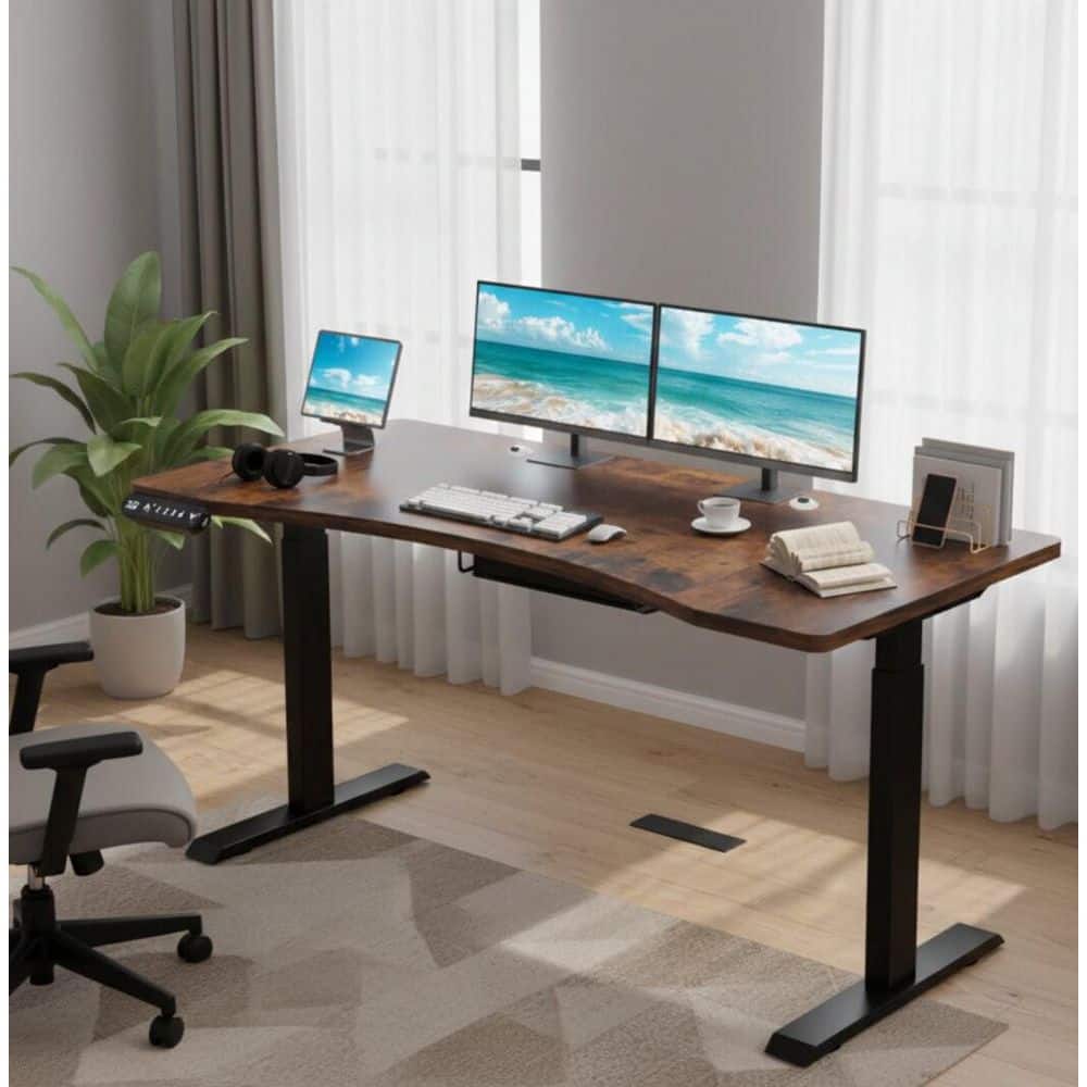 Darex Modern 63 in. Rustic Brown Plus Black Wood and Metal Curve Electric Height-Adjustable Computer Desk price history on PriceWatchPro