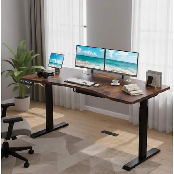 Darex Modern 63 in. Rustic Brown Plus Black Wood and Metal Curve Electric Height-Adjustable Computer Desk
