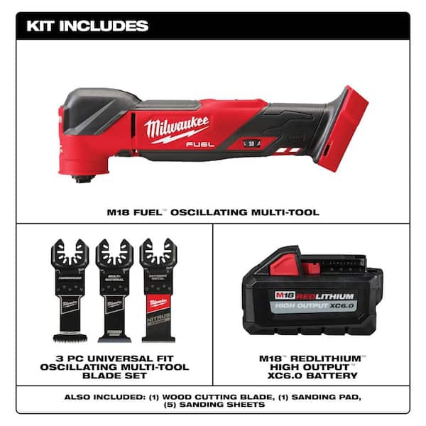 M18 Fuel Multi Tool, M18 High Output 18V XC6. 0 Battery, 3 pc Oscillating Metal/Wood Cutting Multi-Tool Blade Kit