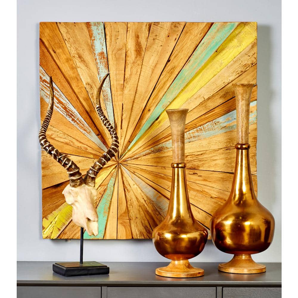 Teak Wood Multicolor Sunburst Wall Decor 28" Square