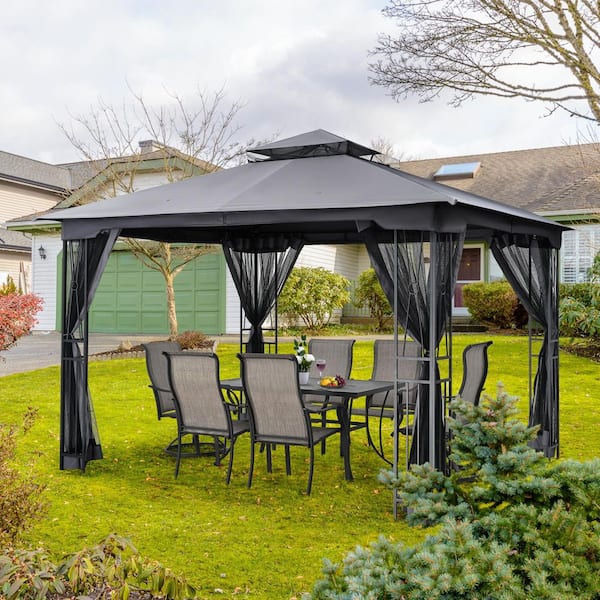 EGEIROSLIFE 12 ft. W x 10 ft. D Gray Double Roof Patio Gazebo with Mosquito Net