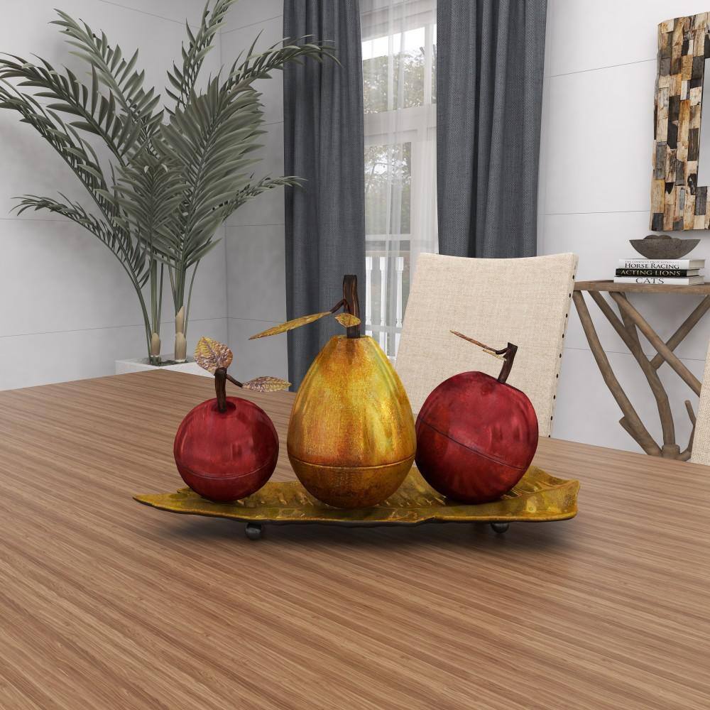 Glossy Red Apple and Yellow Pear Metal Sculpture on Leaf Tray