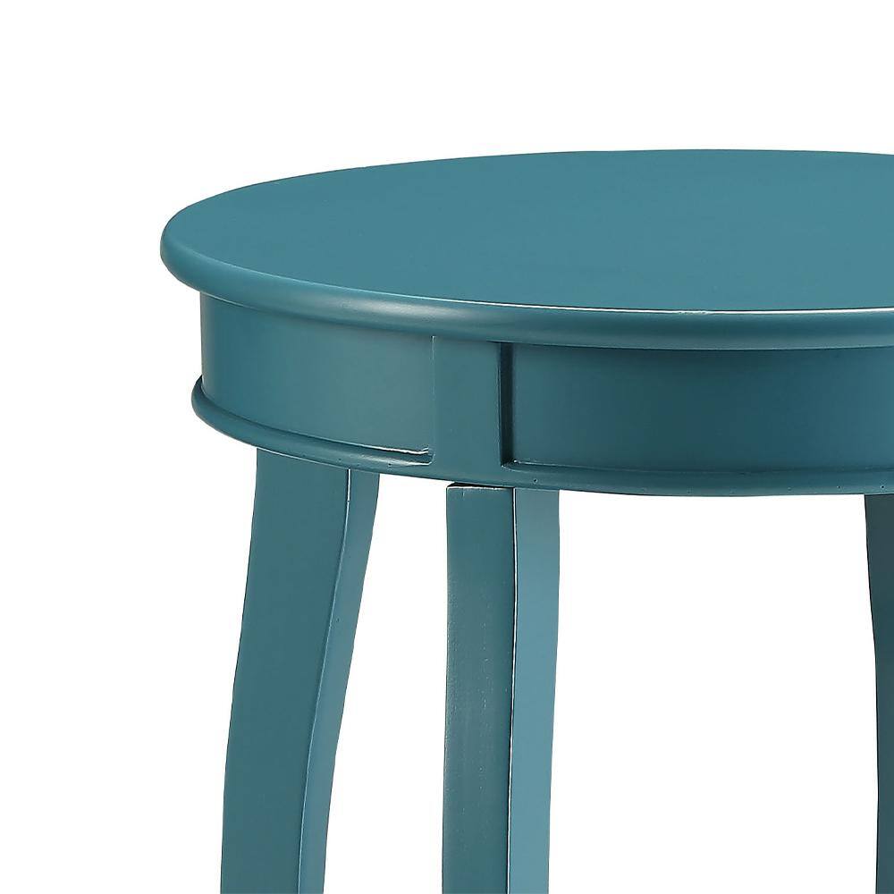 Teal Round Wooden Aberta Side Table with Stylized Legs and Shelf