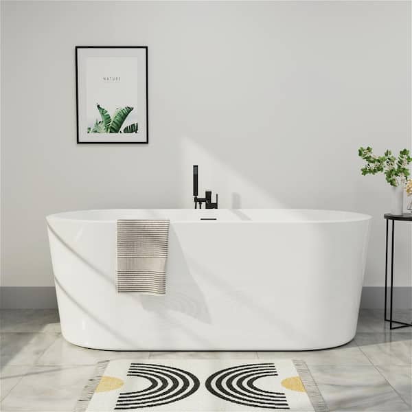 Mokleba Modern 65 in. H Acrylic Freestanding Flatbottom Bathtub with Drain Included Non-Whirlpool Bathtub in Glossy White