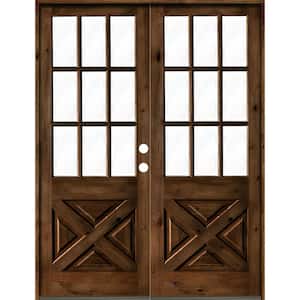 64 in. x 96 in. Knotty Alder 2-Panel Left-Hand/Inswing Clear Glass Provincial Stain Double Wood Prehung Front Door
