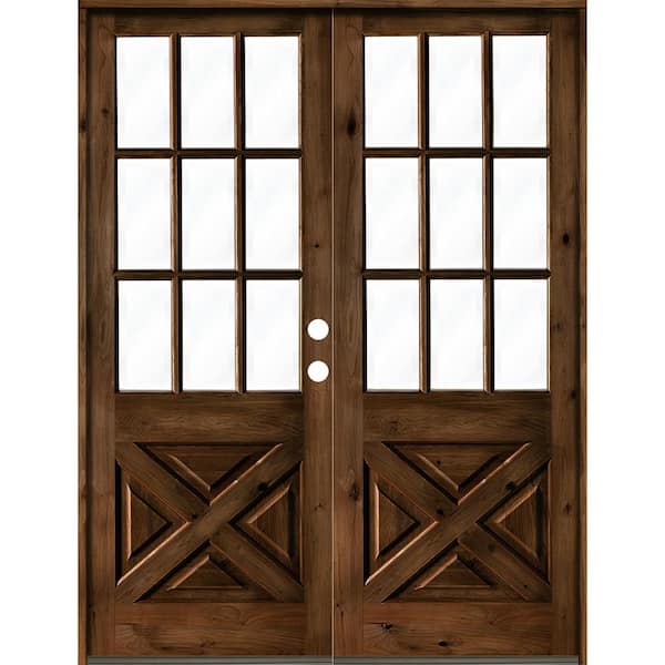 Krosswood Doors 64 in. x 96 in. Knotty Alder 2-Panel Left-Hand/Inswing Clear Glass Provincial Stain Double Wood Prehung Front Door