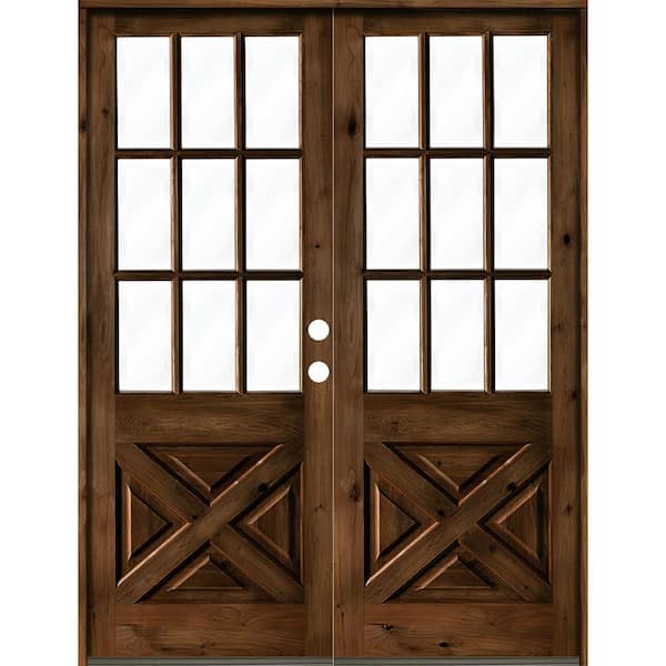 Krosswood Doors 72 in. x 96 in. Knotty Alder 2-Panel Left-Hand/Inswing Clear Glass Provincial Stain Double Wood Prehung Front Door
