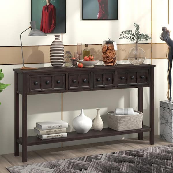 Qualler 60 in. Espresso Rectangle Wood Console Table with 2-Different Size Drawers