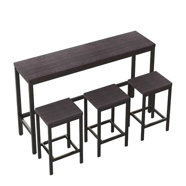 Sudzendf 4-Piece Wood Outdoor Dining Table Set with 3 Stools in Dark Gray