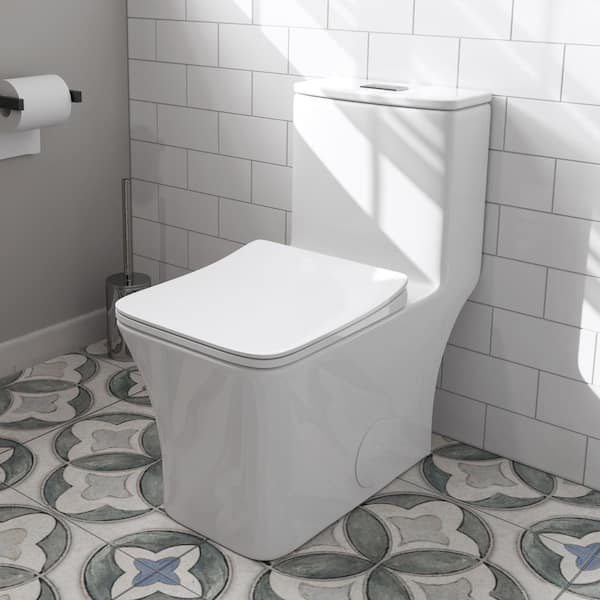 HOROW 1-piece 0.8/1.28 GPF Dual Flush Square Toilet in White with Seat Included