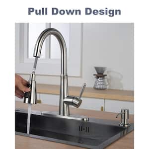 Single Handle Stainless Steel Pull Down Sprayer Kitchen Faucet with Soap Dispenser in Brushed Nickel